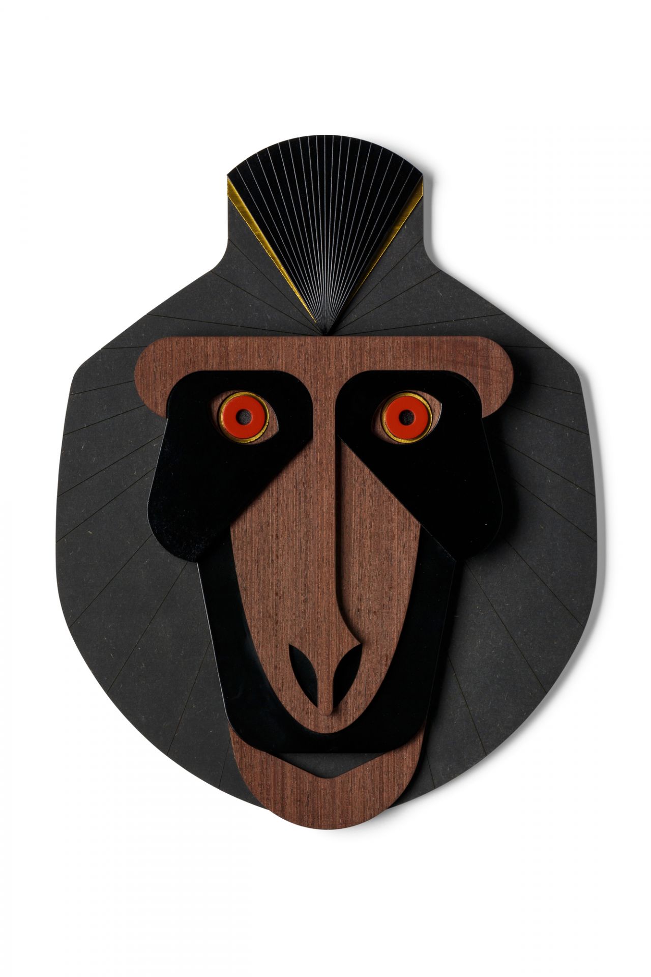 The Monkey Wandschmuck Umasqu: Dekorative Affen Wandkunst aus Holz und Acryl mit roten Augen.